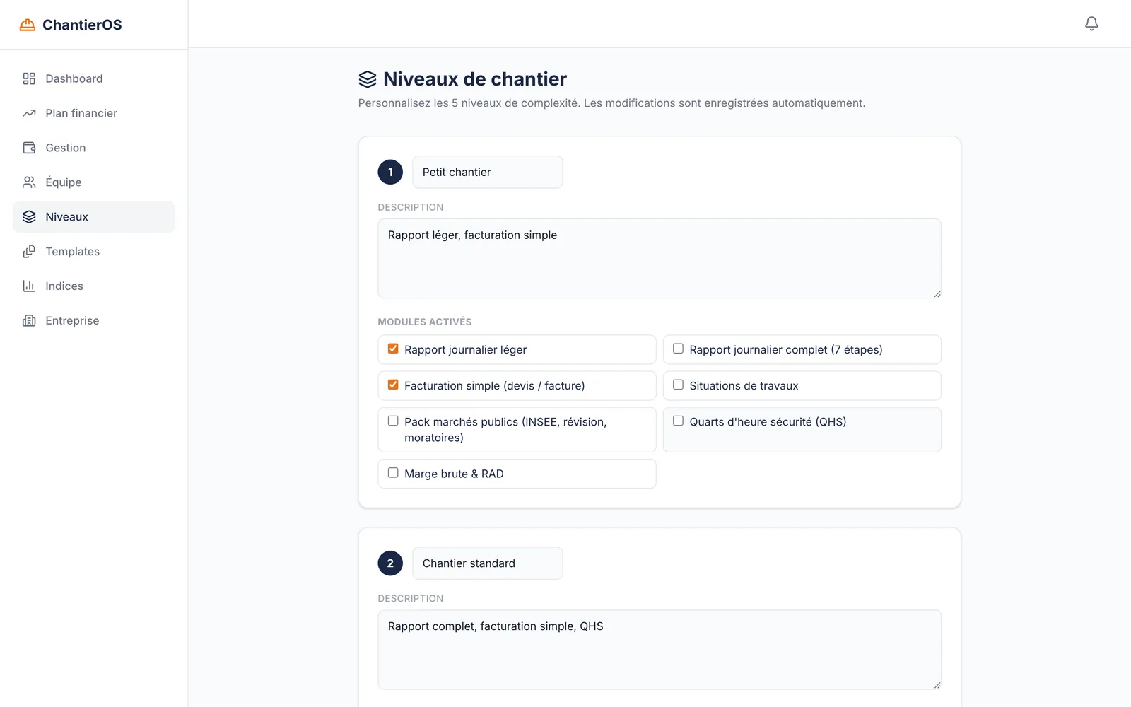 5 niveaux, entièrement configurables